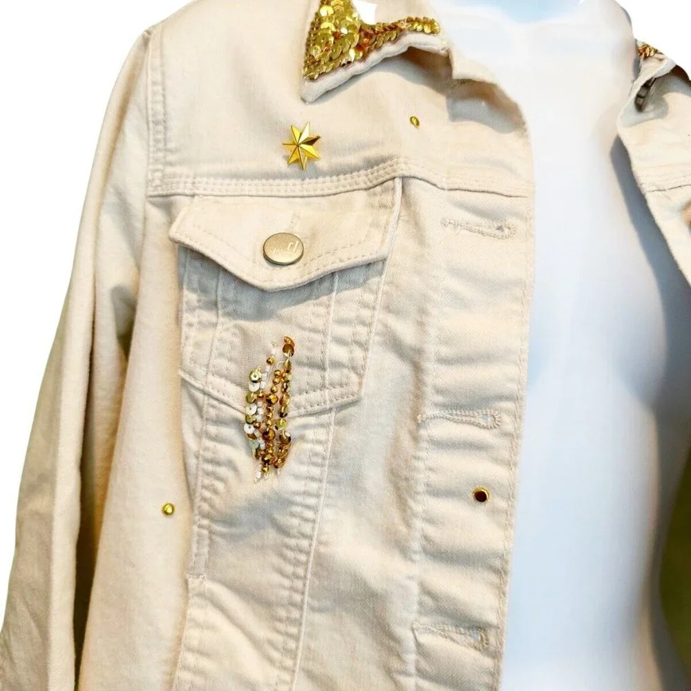 Handmade Upcycled Disney Jean Jacket sz S Sequin Embellished Mickey Denim Gold - Picture 9 of 10